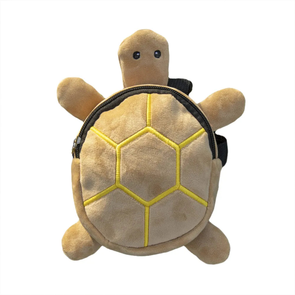 Brown velvet turtle-shaped dog harness with integrated backpack and front metal zipper.