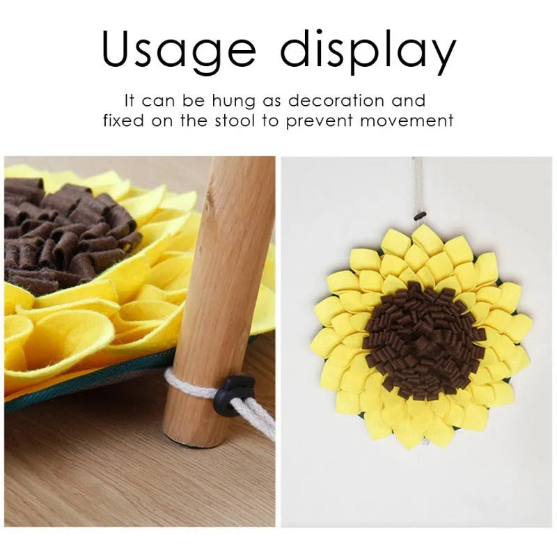Yellow sunflower-shaped dog snuffle mat with fleece texture and a buckle strap for non-slip use.