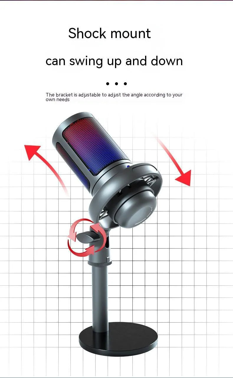 RGB condenser USB microphone with 150cm cable in black, white, or pink for live streaming