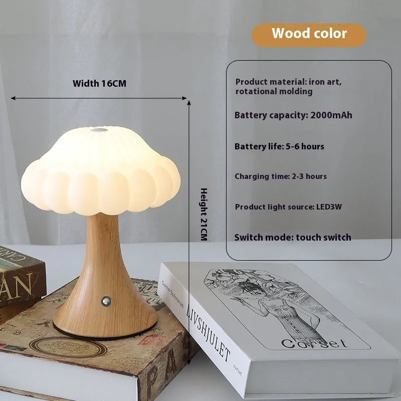 Mushroom-shaped touch control night lamp with USB charging in wood grain finish