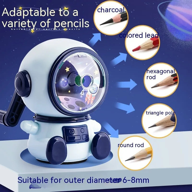 Cartoon astronaut manual pencil sharpener in blue or pink with adjustable blades