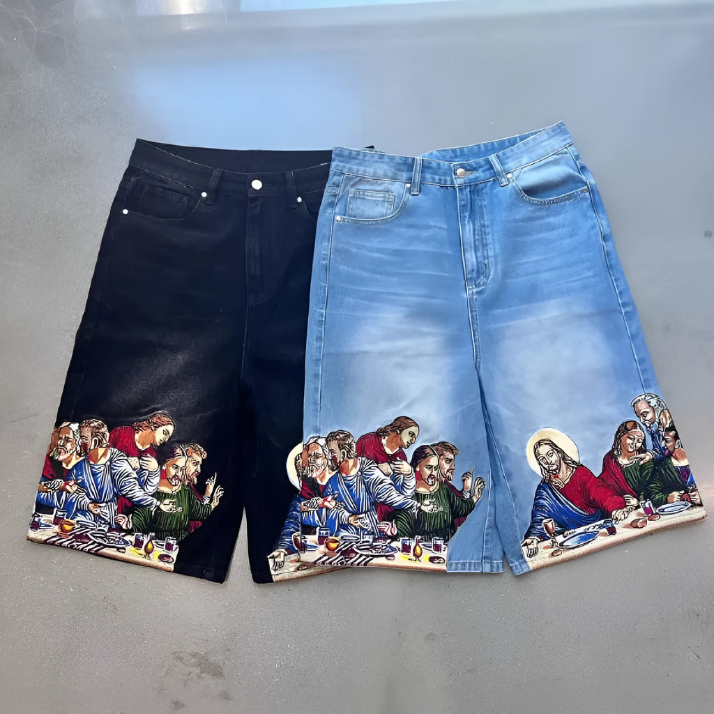 Blue men's cotton tapered shorts showing a Jesus print on the back right pocket.
