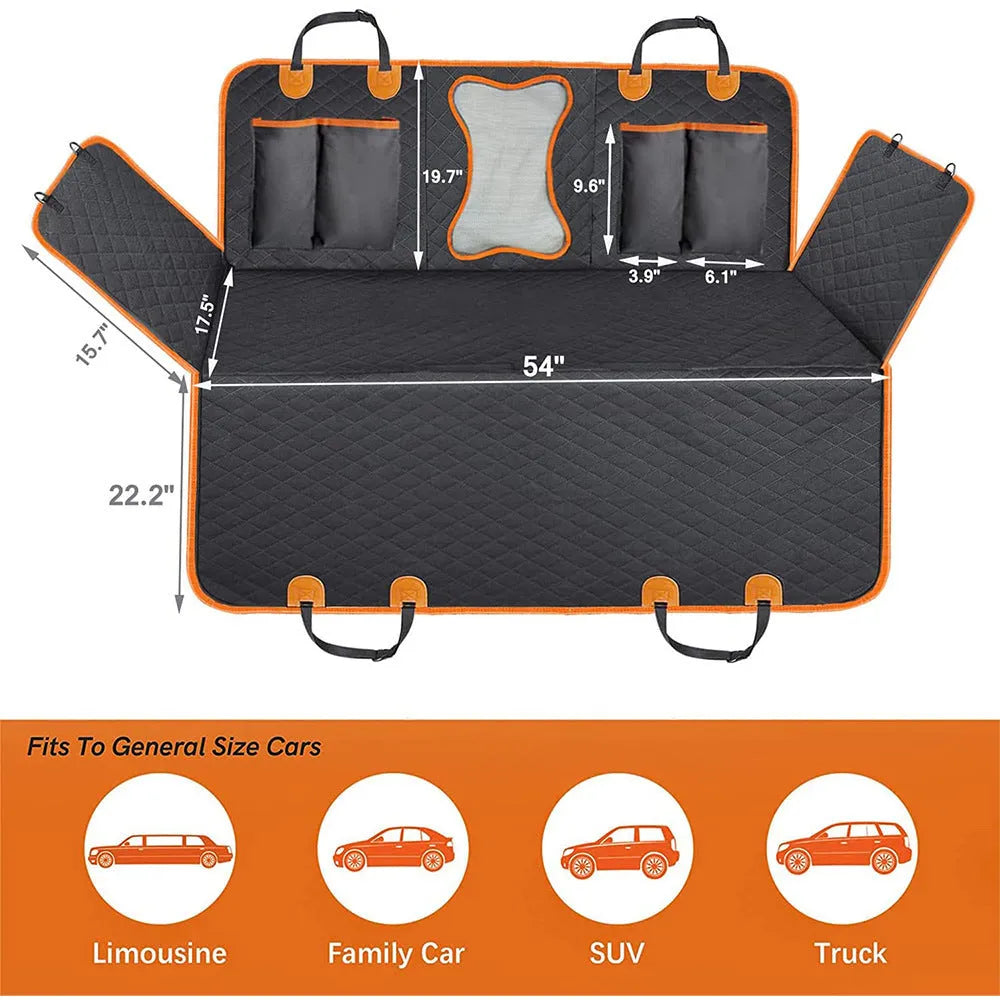 Black orange edge waterproof pet car mat with mesh window and accessory pocket