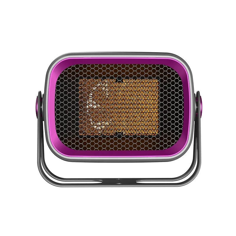 Compact grey PTC ceramic desktop heater with rotatable body on a wooden desk