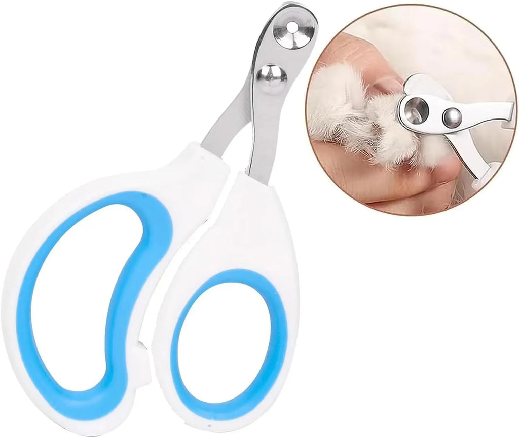 Blue handled cat nail clippers with circular cutting hole and stainless steel blade