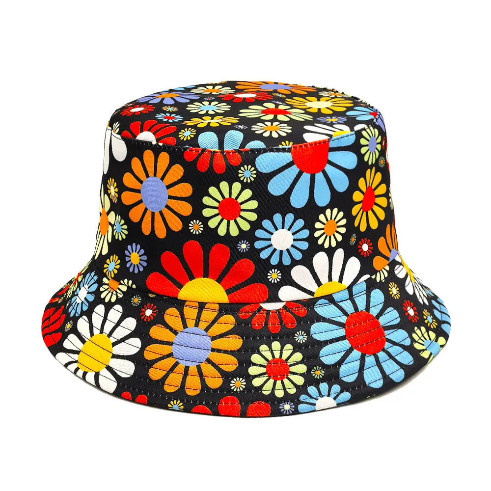 Floral print polyester bucket hat with dome crown in M size 56-58cm