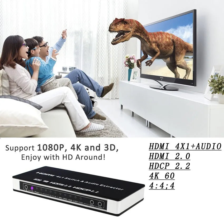 Black HDMI audio switch with remote control, 4 input ports and 1 output port for 4K video switching.