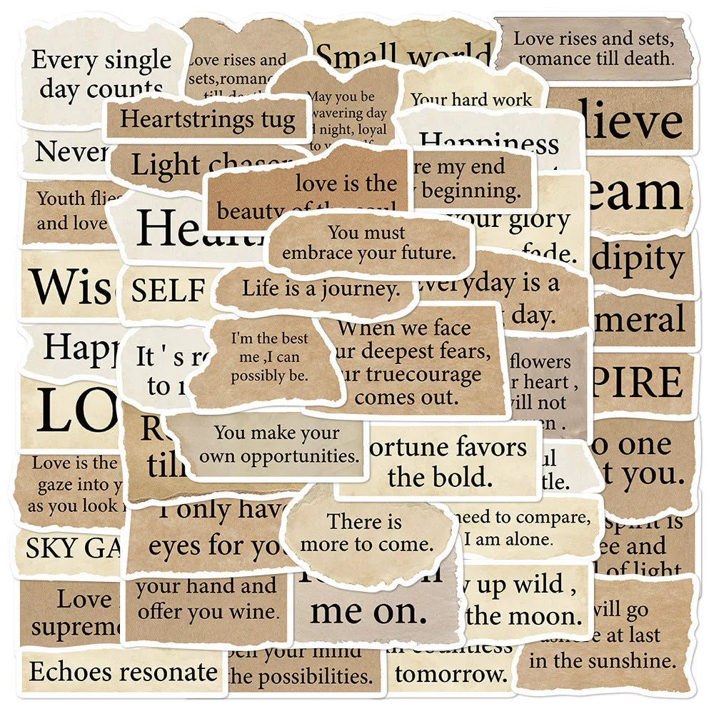 Torn English decorative stickers in waterproof PVC material sized 4-7 cm