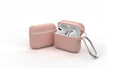 Beige silicone protective case with metal buckle for Apple AirPods charging case.