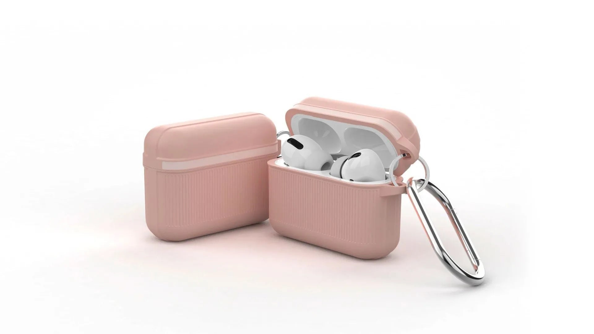 Beige silicone protective case with metal buckle for Apple AirPods charging case.