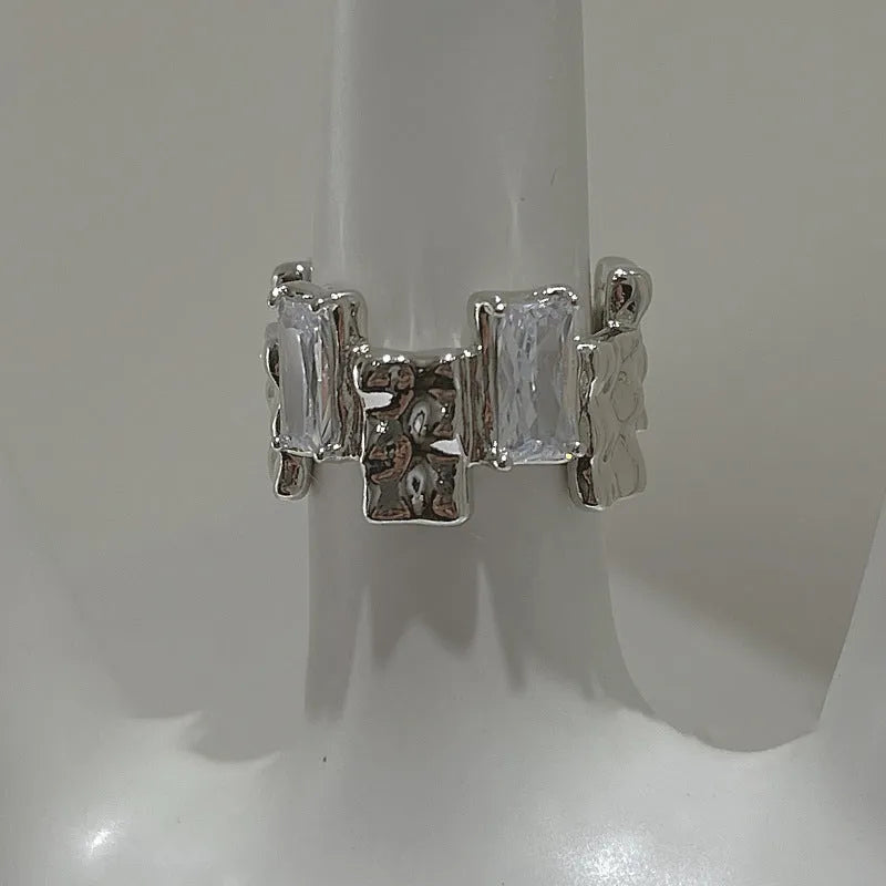 Silver geometric open ring with cross zircon design and retro pastoral styling