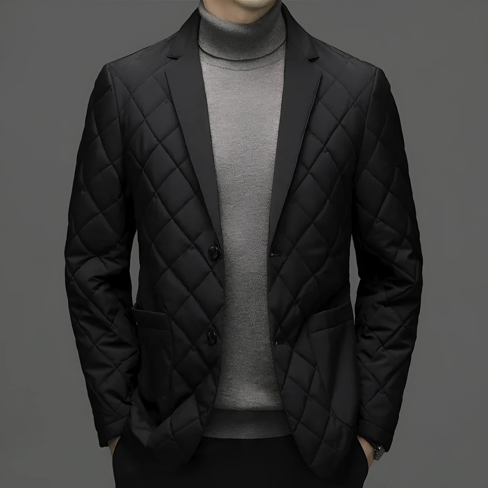 Men's lapel collar down jacket in black colour with side seam pockets