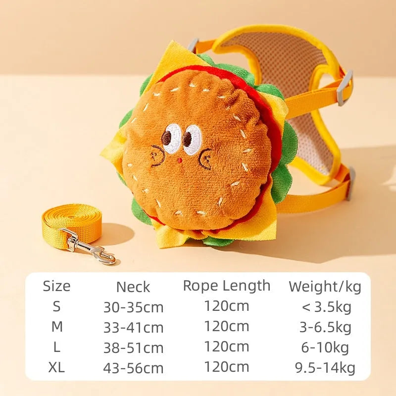 Cartoon hamburger design adjustable vest leash harness for a dog on a walk.