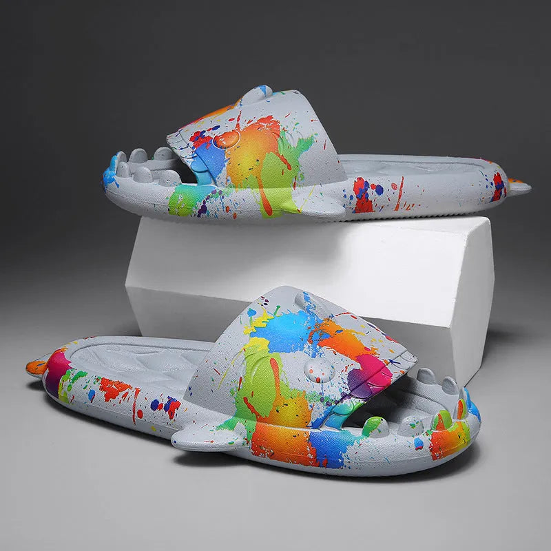Shark design open-toe EVA slippers for home use in multiple colours and sizes.
