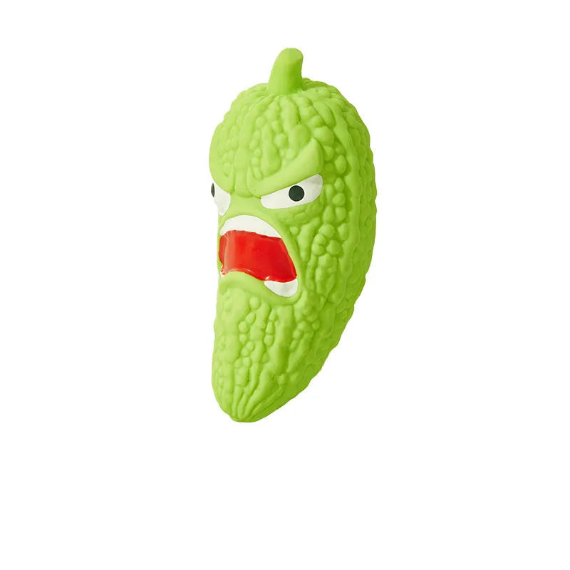 Bitter melon and chili shaped dog chewing toys with textured surfaces for dental cleaning
