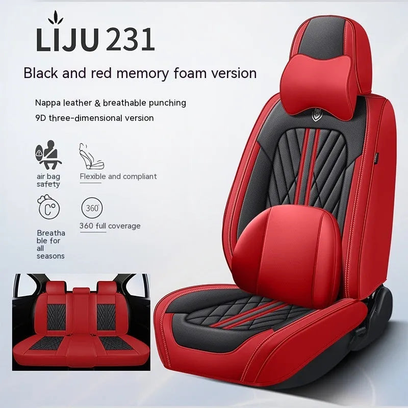 Five-piece genuine leather car seat cushion set showing colour options including striped and solid designs