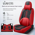 Five-piece genuine leather car seat cushion set showing colour options including striped and solid designs