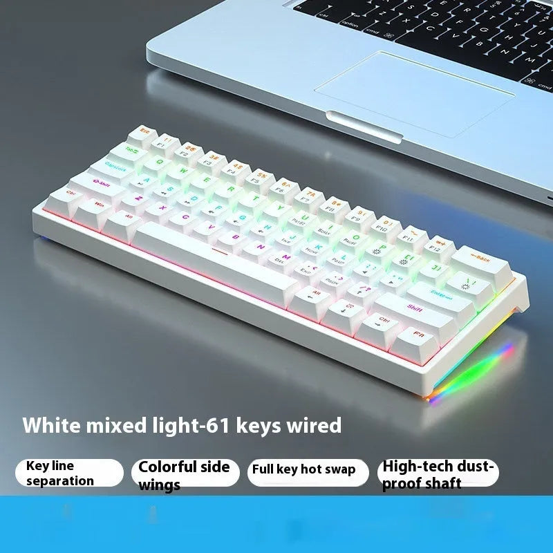 Blue and white 61-key mechanical keyboard with compact layout and hot-swappable switches