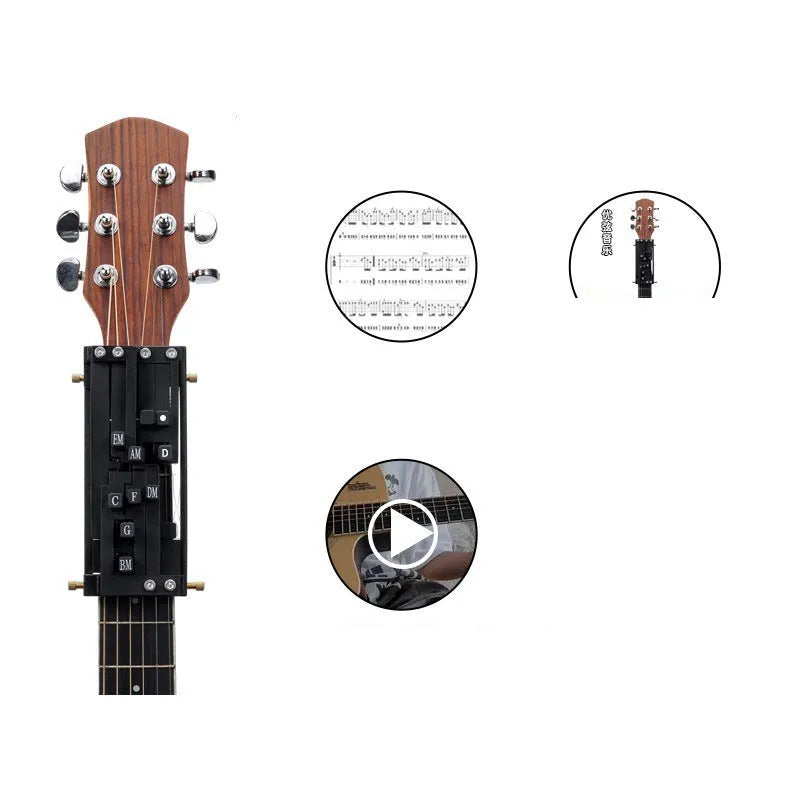 Black automatic chord changing device mounted on folk guitar neck for novice practice
