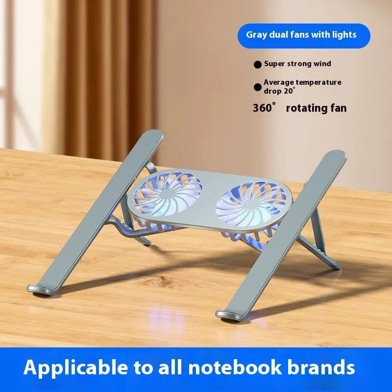 Aluminium alloy portable notebook stand with twin cooling fans in folded position