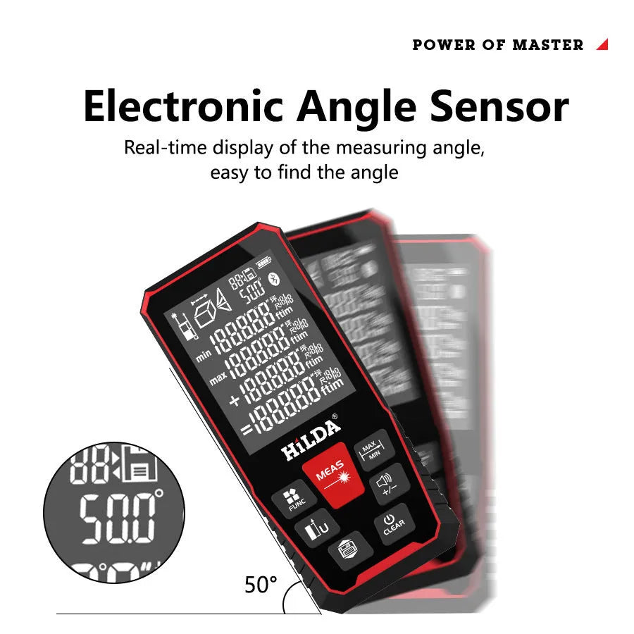 Handheld laser rangefinder for indoor distance measurement, available in 100m or 120m range models.