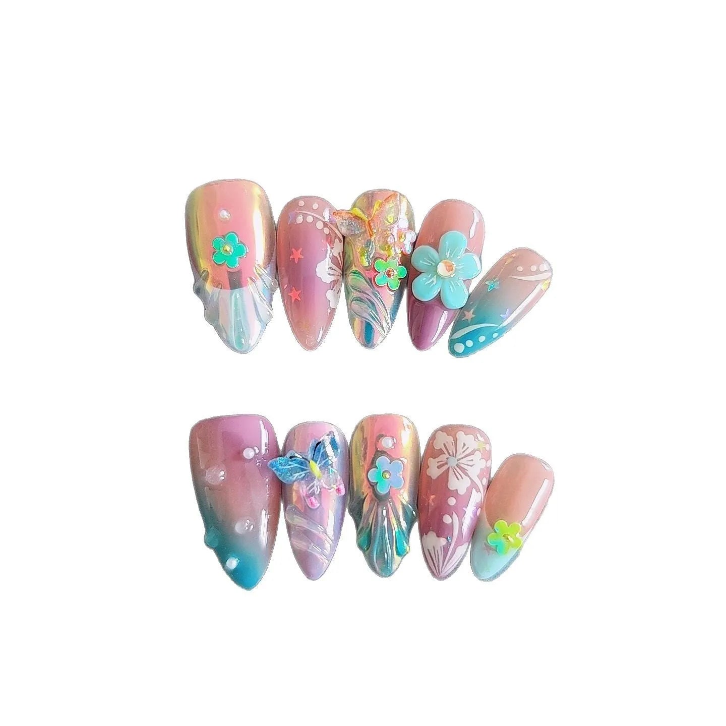 Handmade colourful small flower and butterfly nail art sculptures for gel manicure decoration