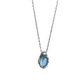 Navy blue water drop necklace with geometric pendant on cross chain, adjustable length jewellery