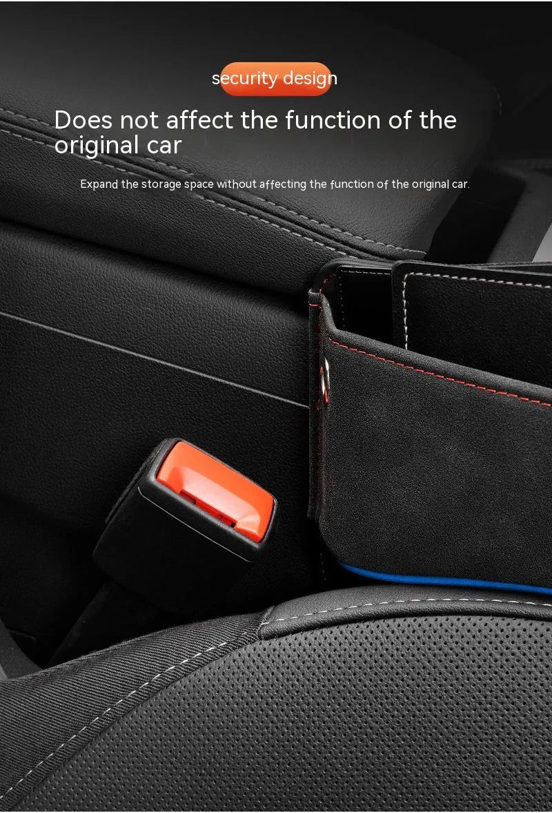 Black leather car seat storage box with a suede finish, shown on a car rear seat.