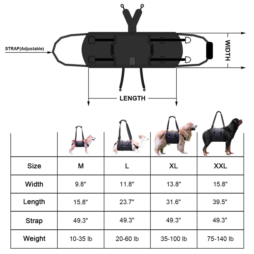 Black Oxford cloth dog harness with breast strap for leg support rehabilitation