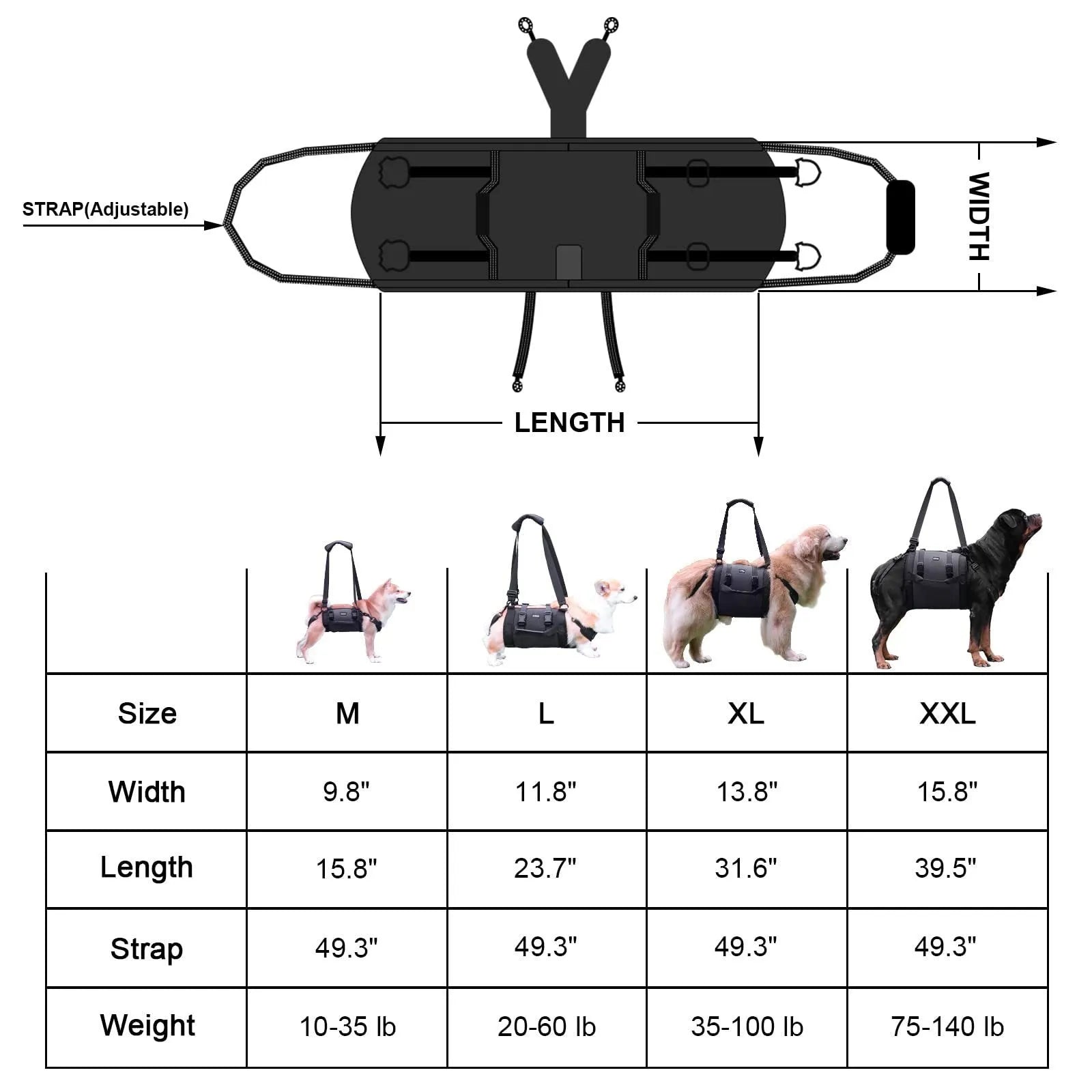 Black Oxford cloth dog harness with breast strap for leg support rehabilitation