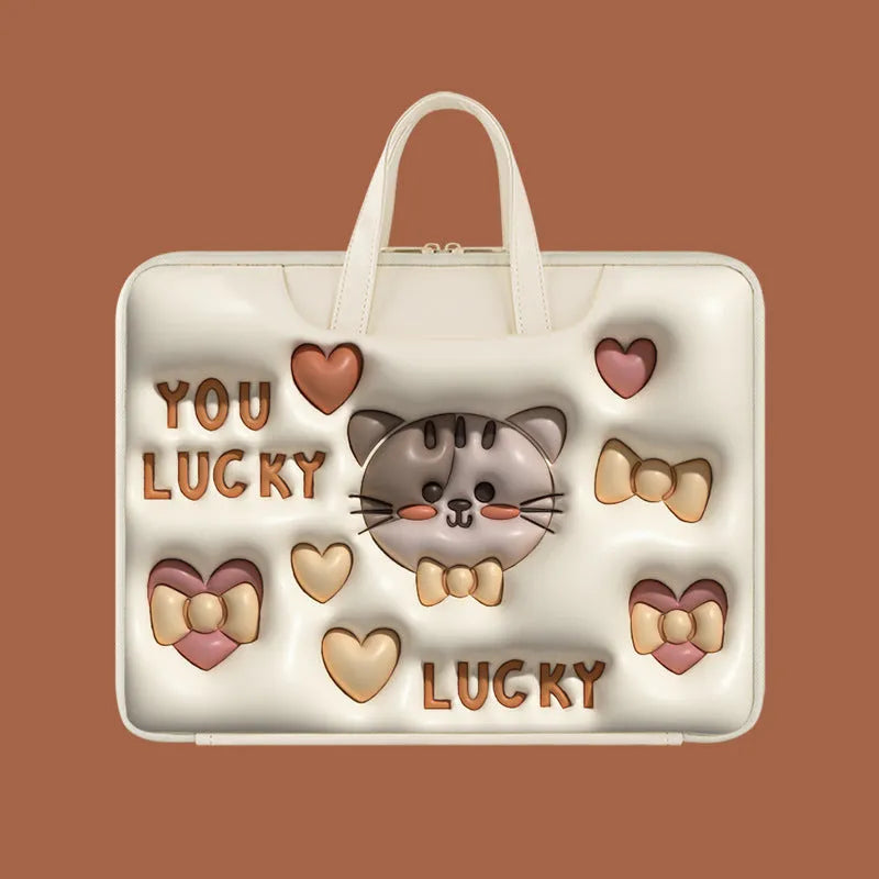 Inflatable PU leather laptop bag with cartoon print hanging from a suitcase handle