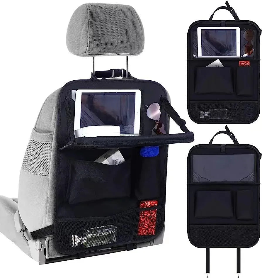 Black Oxford cloth car seat back storage bag hanging on vehicle seat
