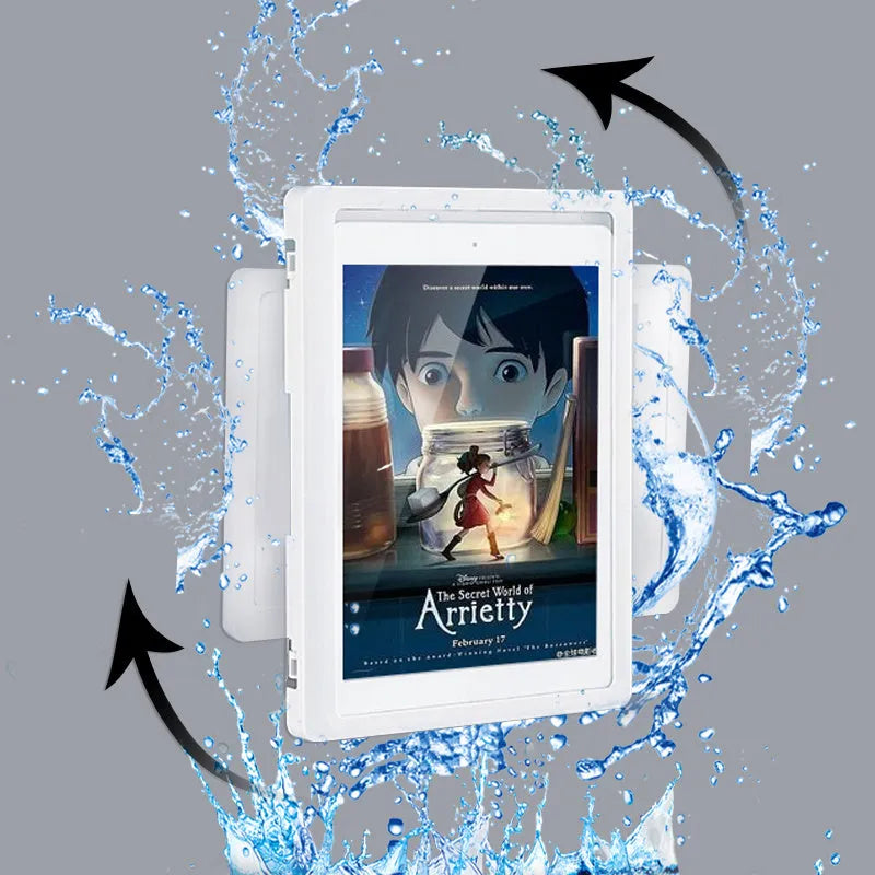 Waterproof phone holder case mounted on bathroom tile with phone visible through anti-fog window
