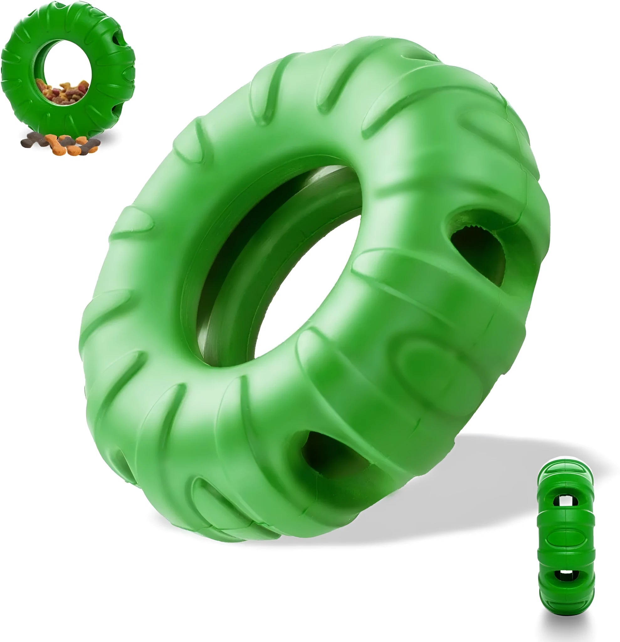 Blue natural rubber tyre-shaped dog chew toy with oval openings for treat dispensing.