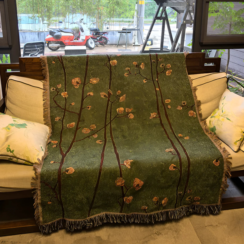 Green plum blossom woven polyester sofa cover, 130 x 160cm including tassel, New Chinese style