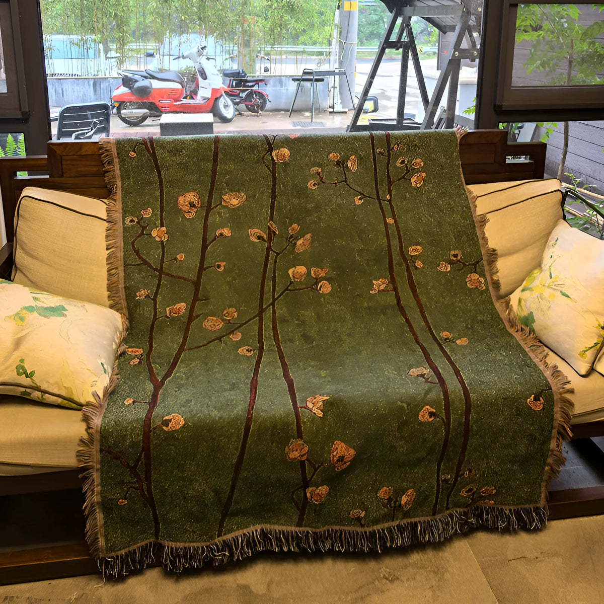 Green plum blossom woven polyester sofa cover, 130 x 160cm including tassel, New Chinese style