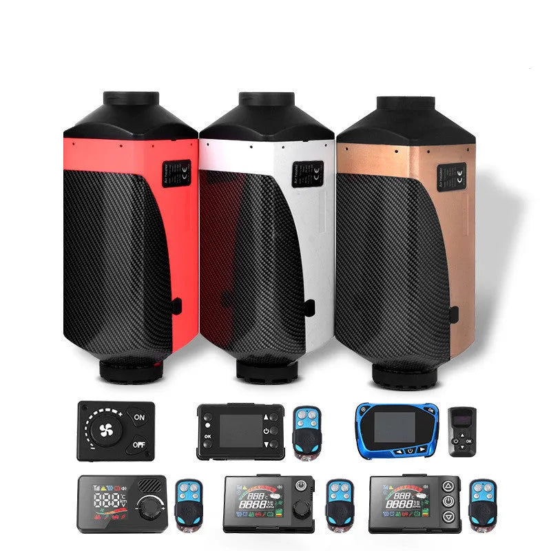Red and black diesel air heater unit with fuel tank, pump, and installation kit for trucks and vans.