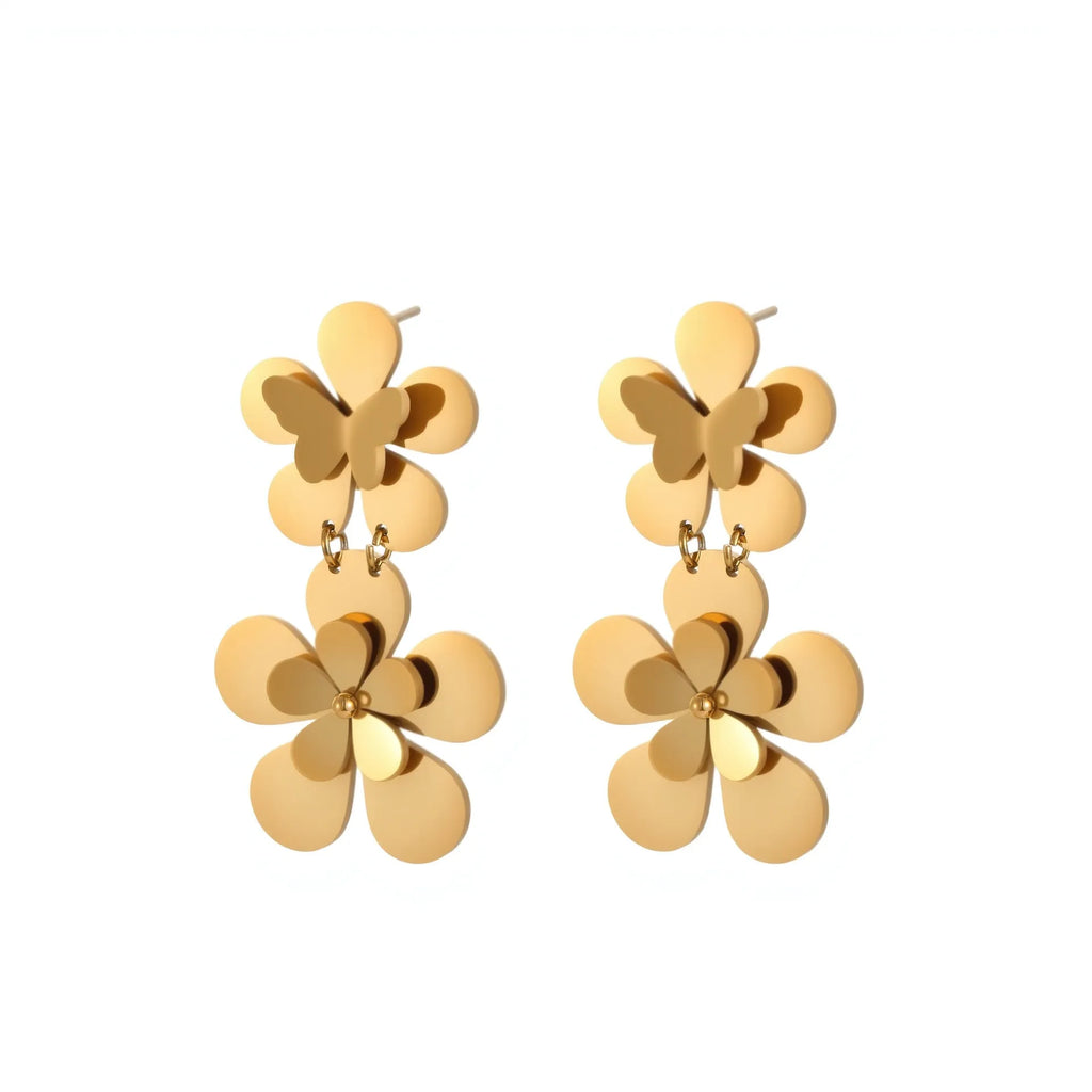 Gold floral butterfly stainless steel earrings with 18K electroplated finish for women