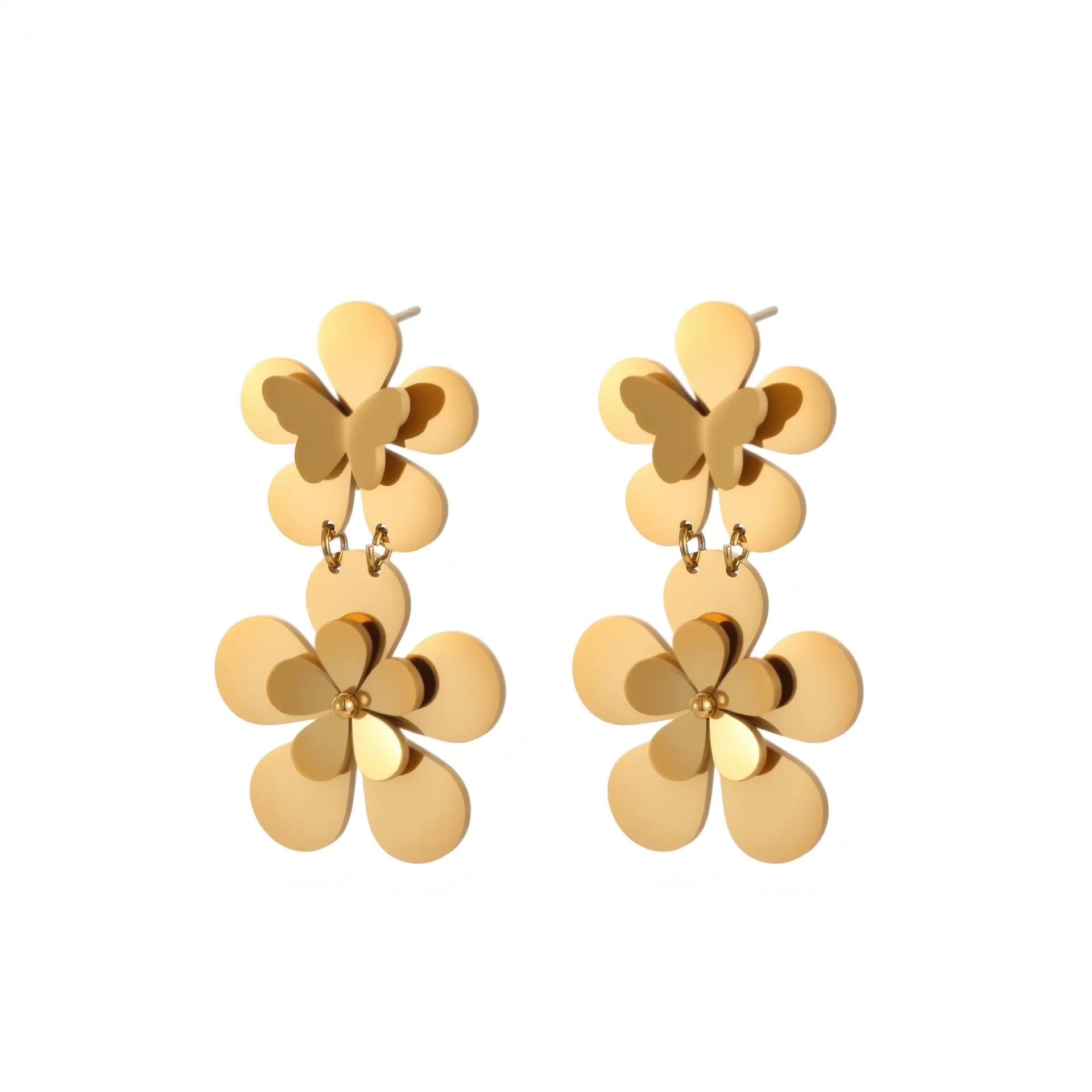 Gold floral butterfly stainless steel earrings with 18K electroplated finish for women