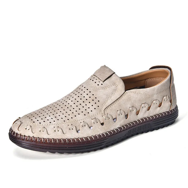 Men's brown slip-on casual shoes with a round toe and flat heel