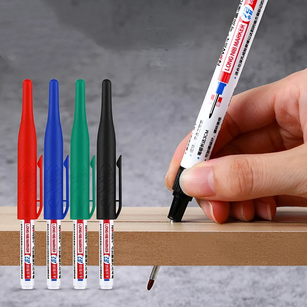Oil-based quick-dry waterproof woodworking marker pen in four colours.