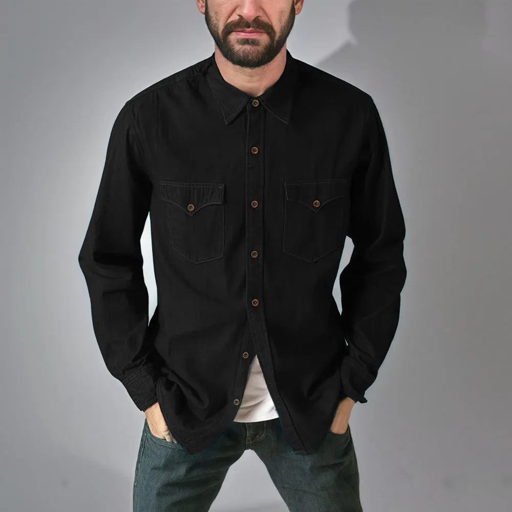 Men's regular fit cotton denim cardigan coat on a hanger.