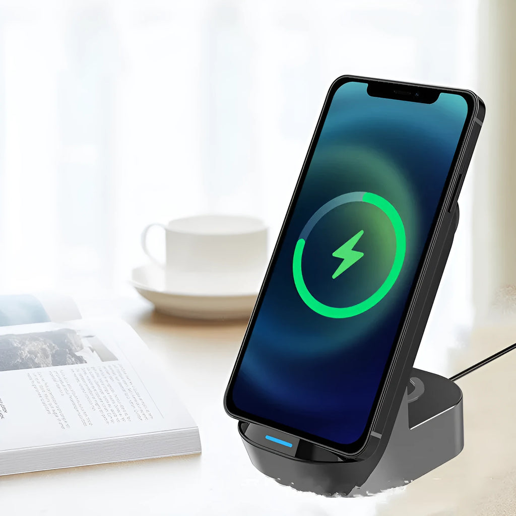 Black grey foldable 3-in-1 wireless charging stand for phone, watch, and earbuds.