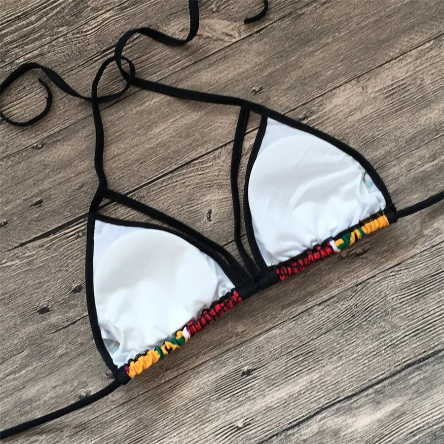 Women's high-waist split bikini swimsuit with backless design and digital printing