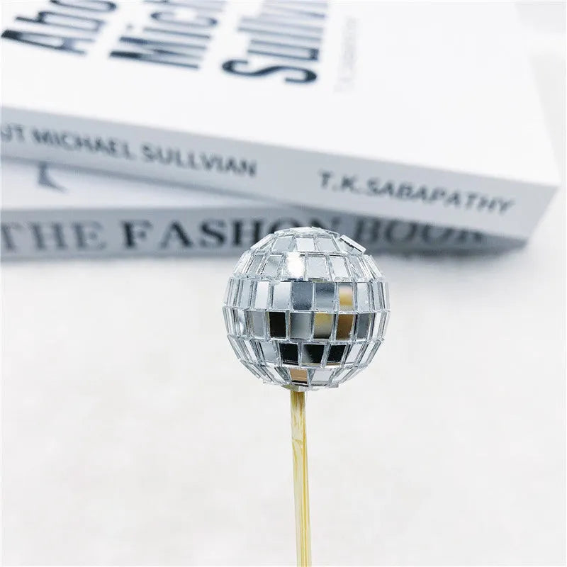 Glass disco ball cake decoration on wooden stick in various sizes from 2.5cm to 5cm diameter