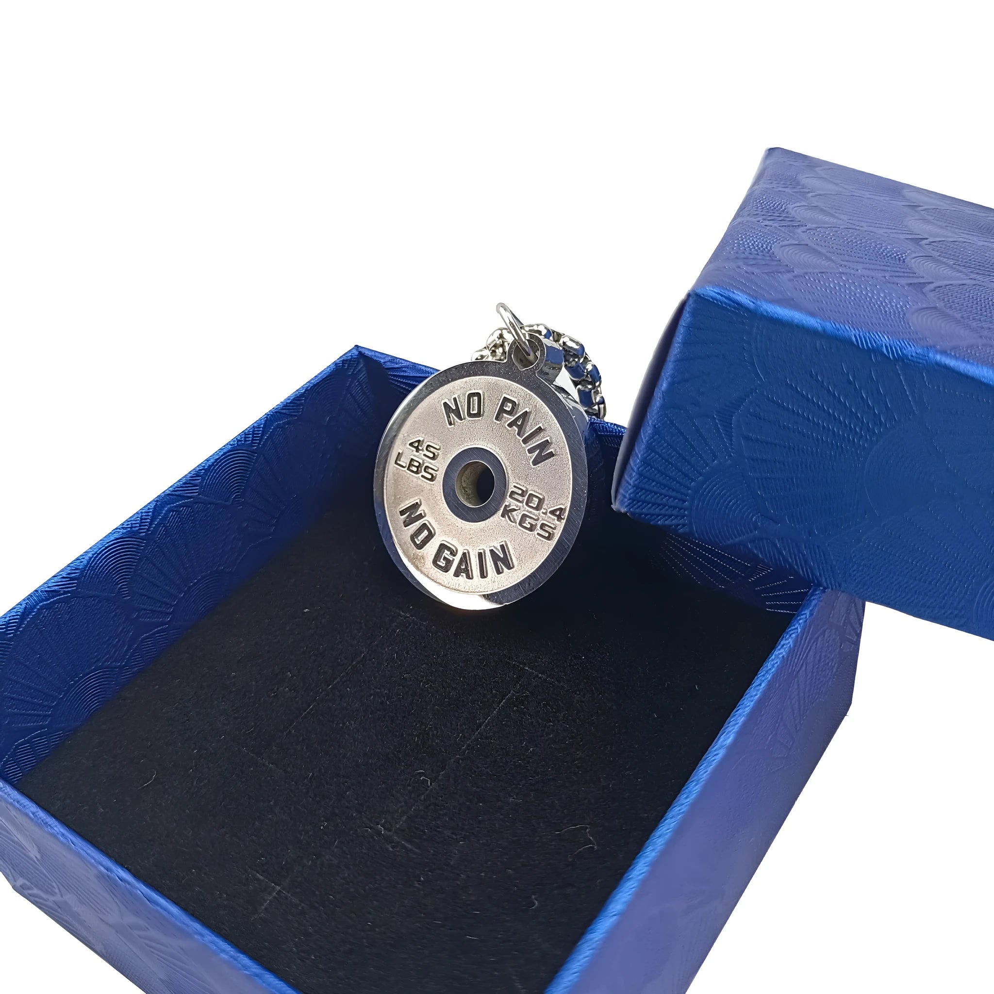 Geometric stainless steel barbell disc necklace with 60cm chain options on jewellery display