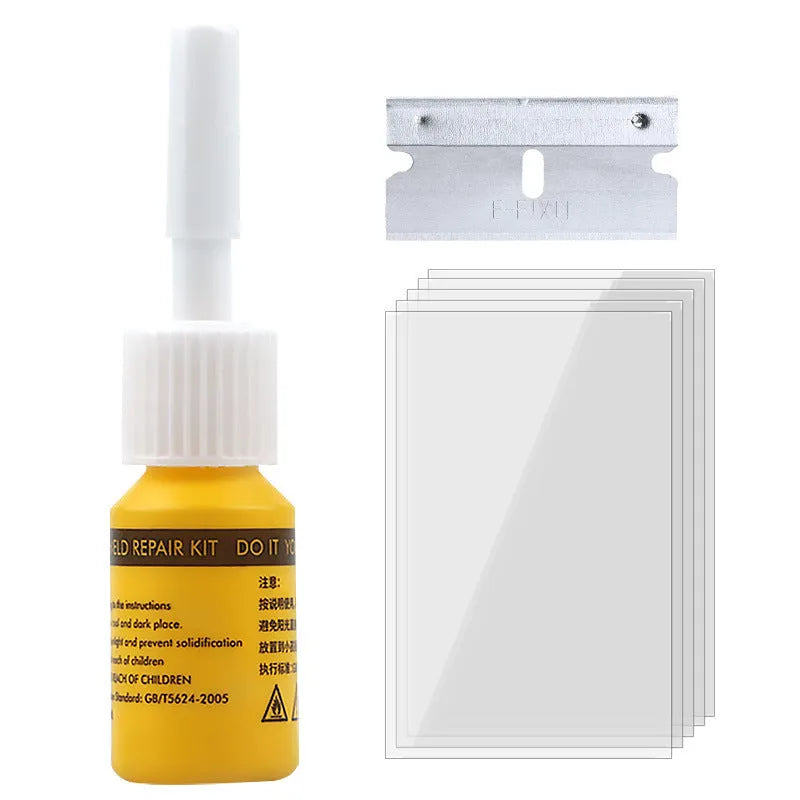 Yellow three-piece car windshield repair kit with glass repair liquid and application tools
