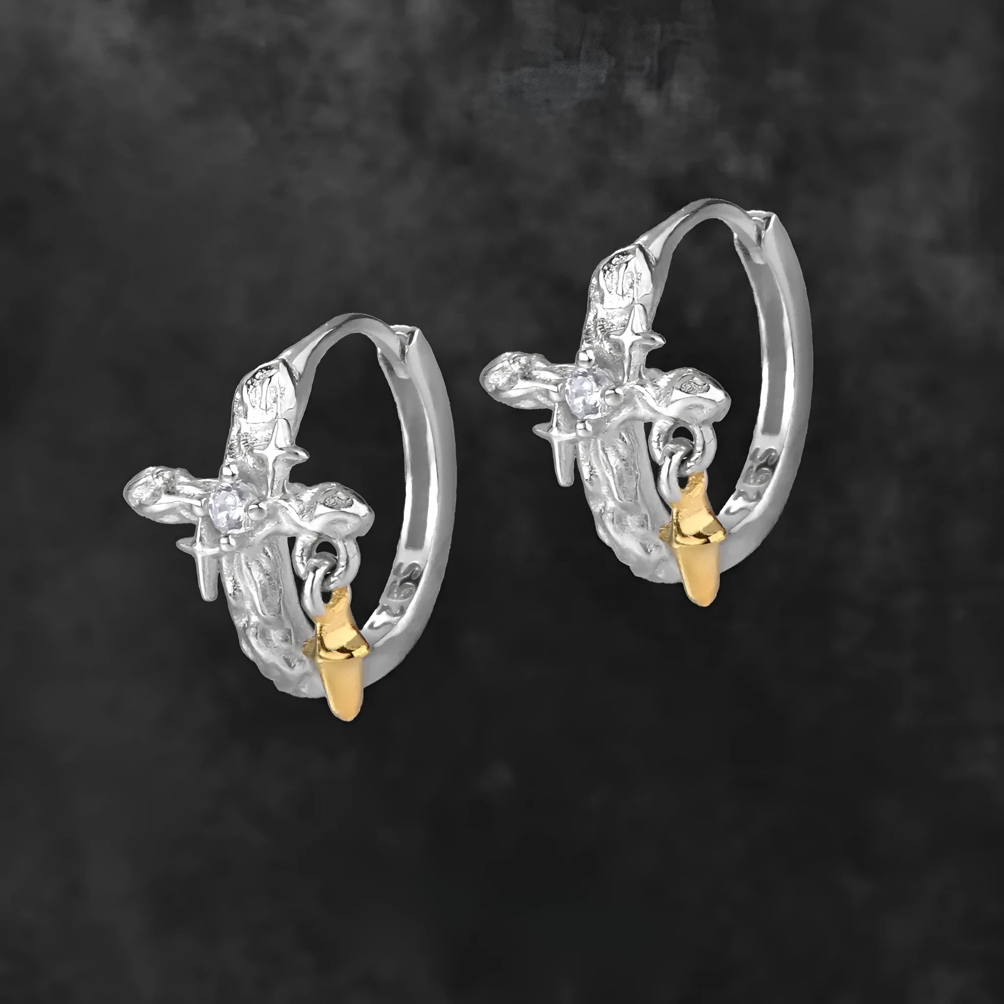 925 sterling silver cross earrings with white gold electroplated finish and geometric design