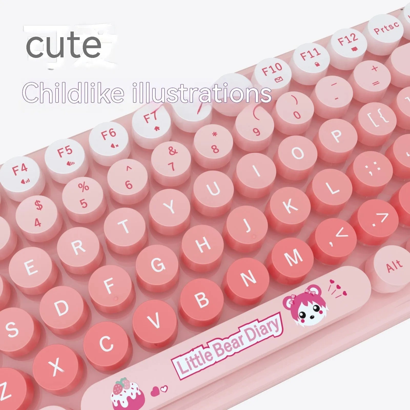 CANDY pink wireless cartoon keyboard and mouse set with receiver on a desk