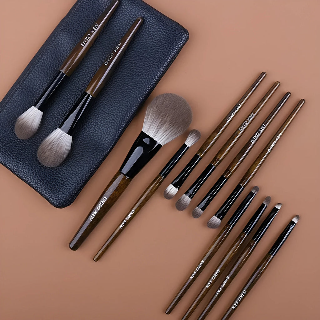 12 piece makeup brush set with wooden handles and soft artificial bristles in a PU travel bag